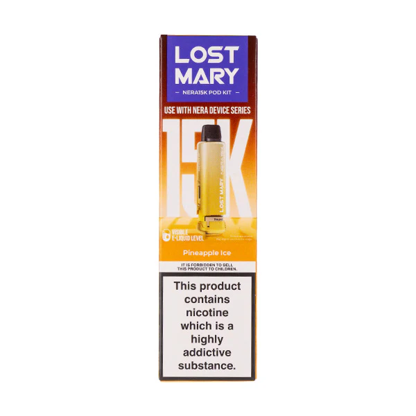 Lost Mary disposable vape device, pineapple flavor, warning about nicotine addiction.