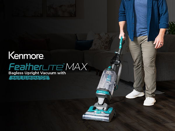 Kenmore FeatherLite MAX upright vacuum on a wooden floor with a person using it.