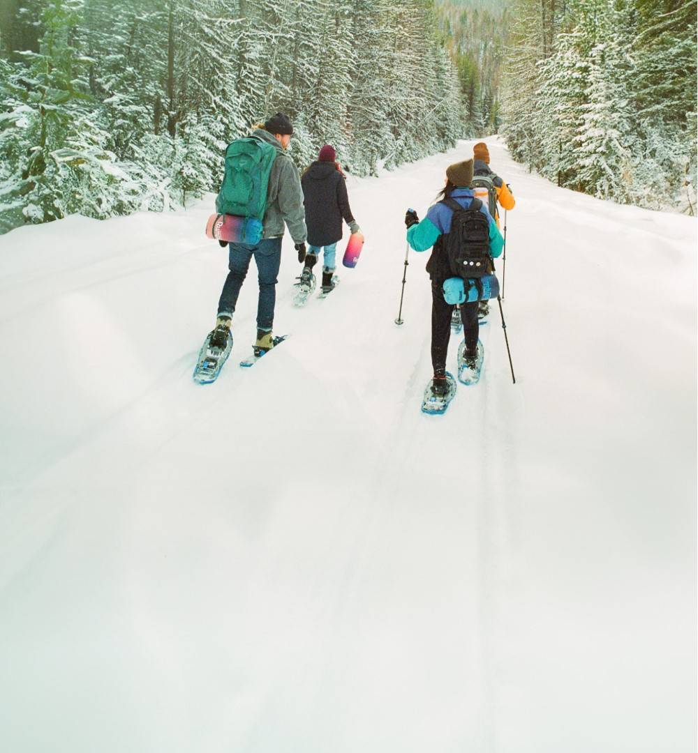 a group of people hiking in the snow