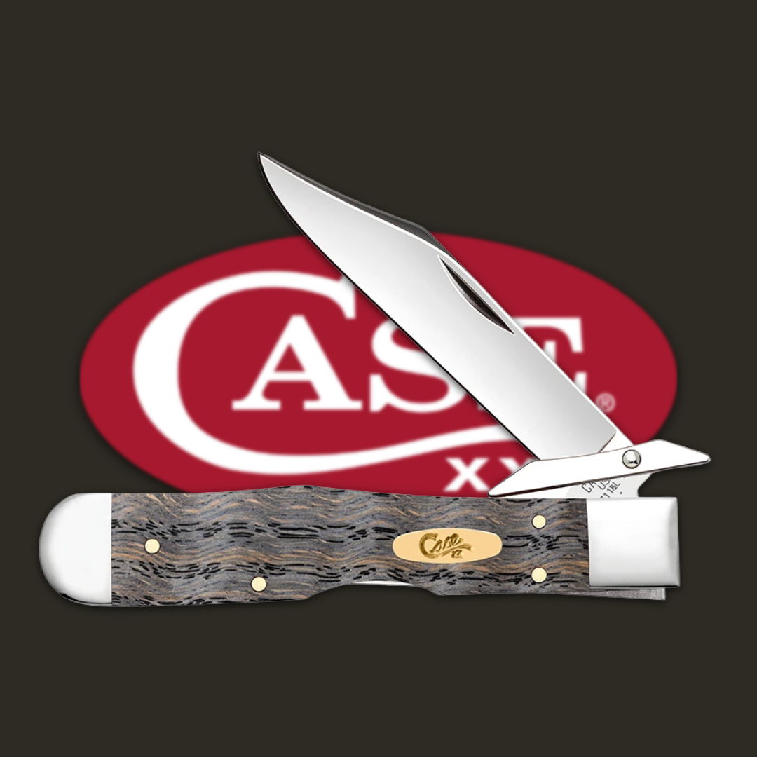 Folding knife with wooden handle and CASE logo in background.