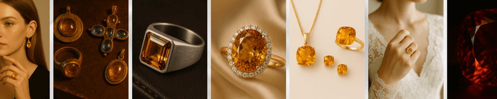 collage of citrine guide images showing woman wearing citrine jewelry, antique citrine pendants, men’s citrine ring, citrine halo ring, modern citrine jewelry set, bridal model with citrine ring, and loose faceted citrine gemstone