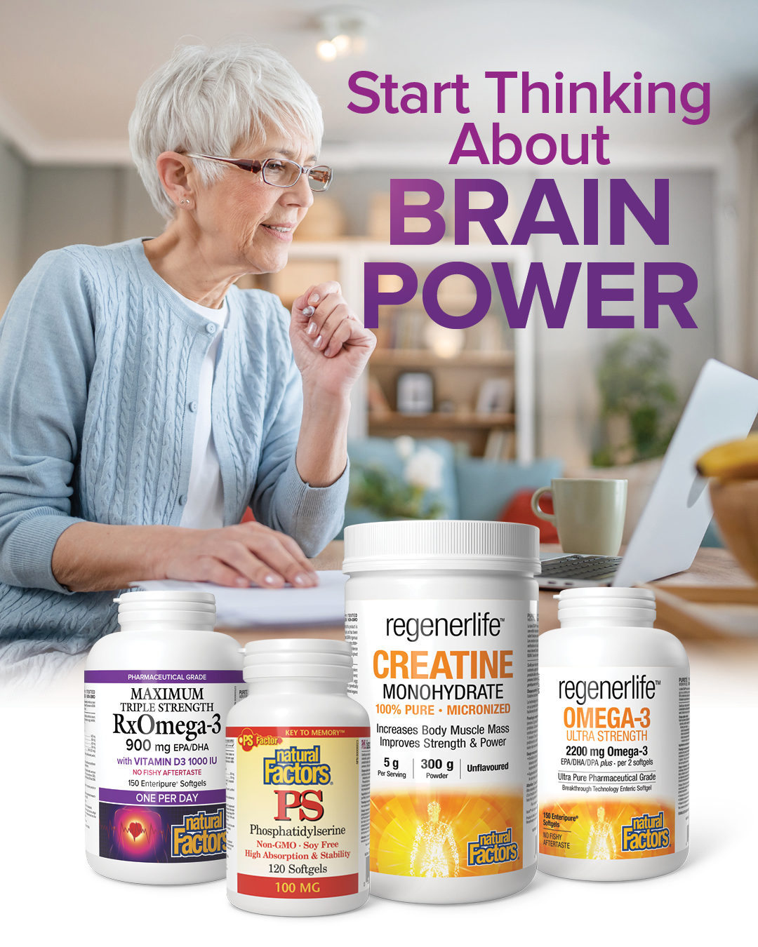 Senior woman considering brain health supplements with product bottles displayed.