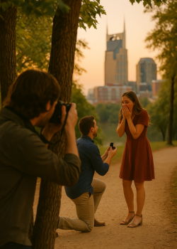 surprise-proposal-photographer-capturing-engagement-park-sunset