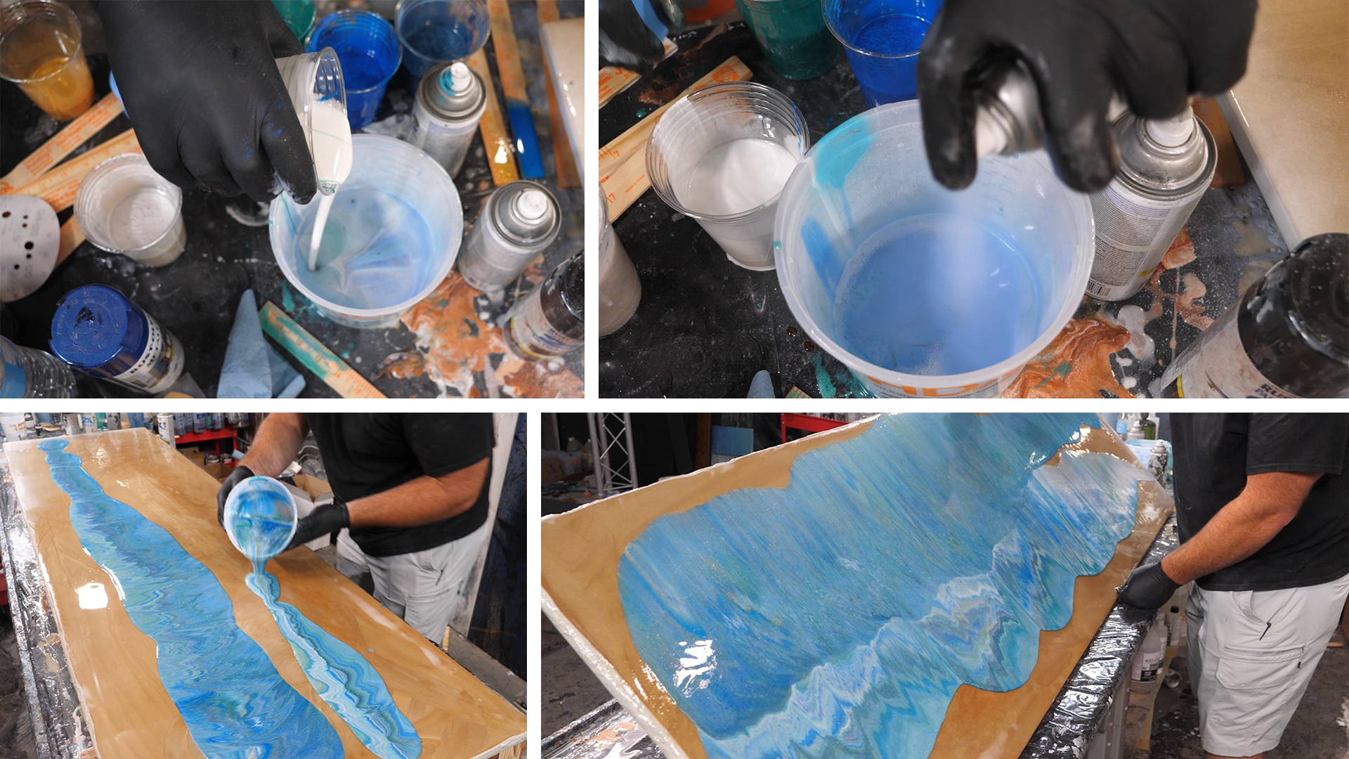 Step 3: Apply The Exotic Pour - Combine colored epoxy cups without manual mixing, pour randomly onto the project.
