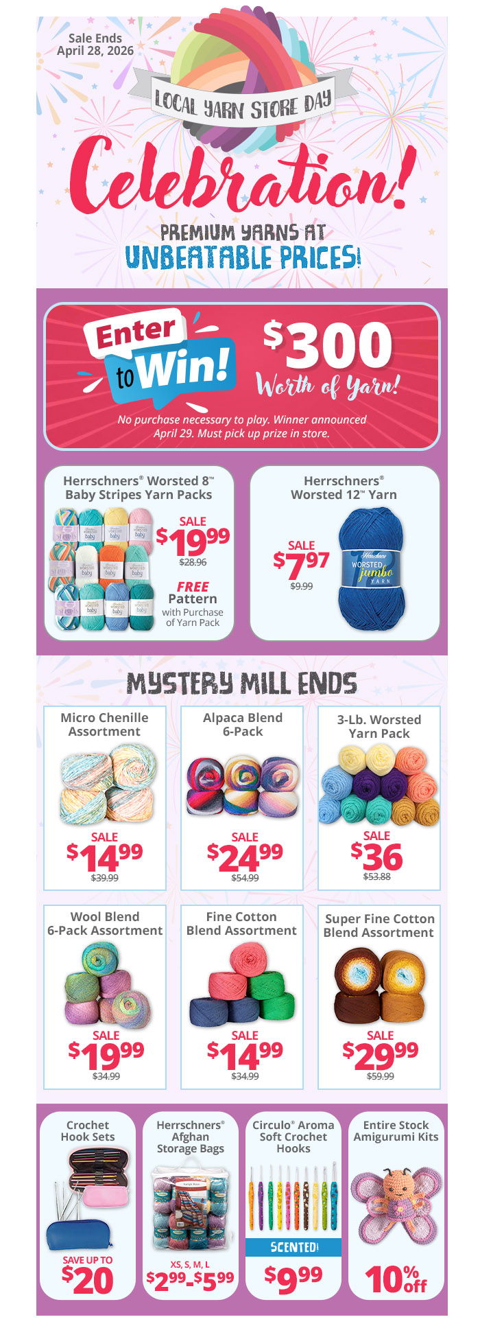 Yarn sale advertisement with prizes and various products listed.