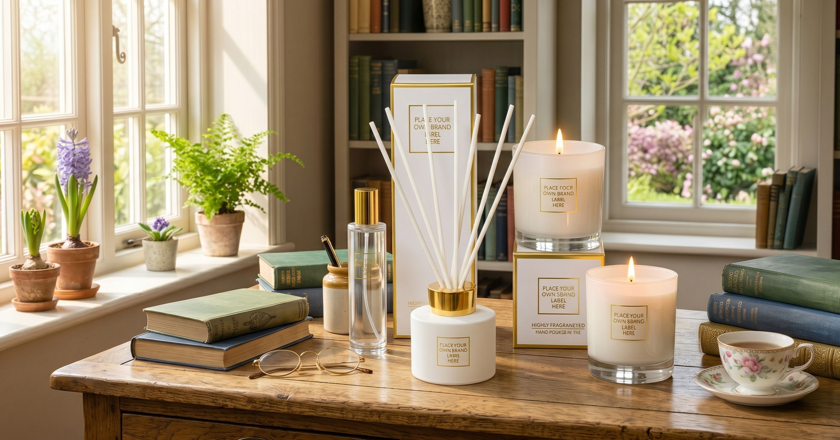A cozy table with candles, diffusers, and books in a bright room.