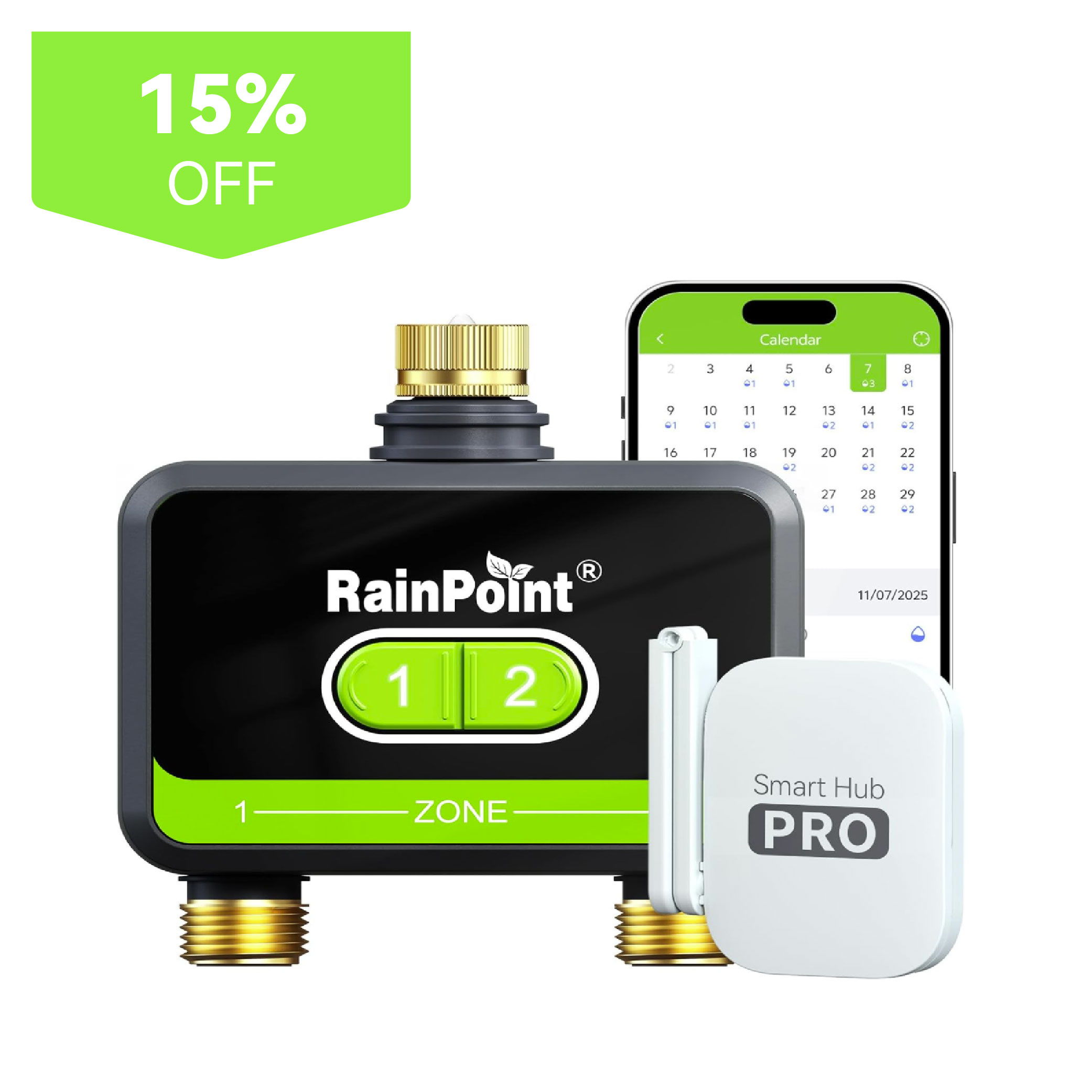 RainPoint smart irrigation system with discount offer and connected app.