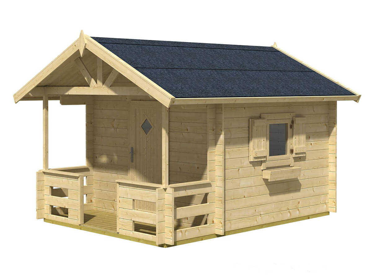 Outdoor Wooden DIY Playhouse Kit with wooden flower boxes, window shutters and covered porch by WholeWoodPlayhouses 