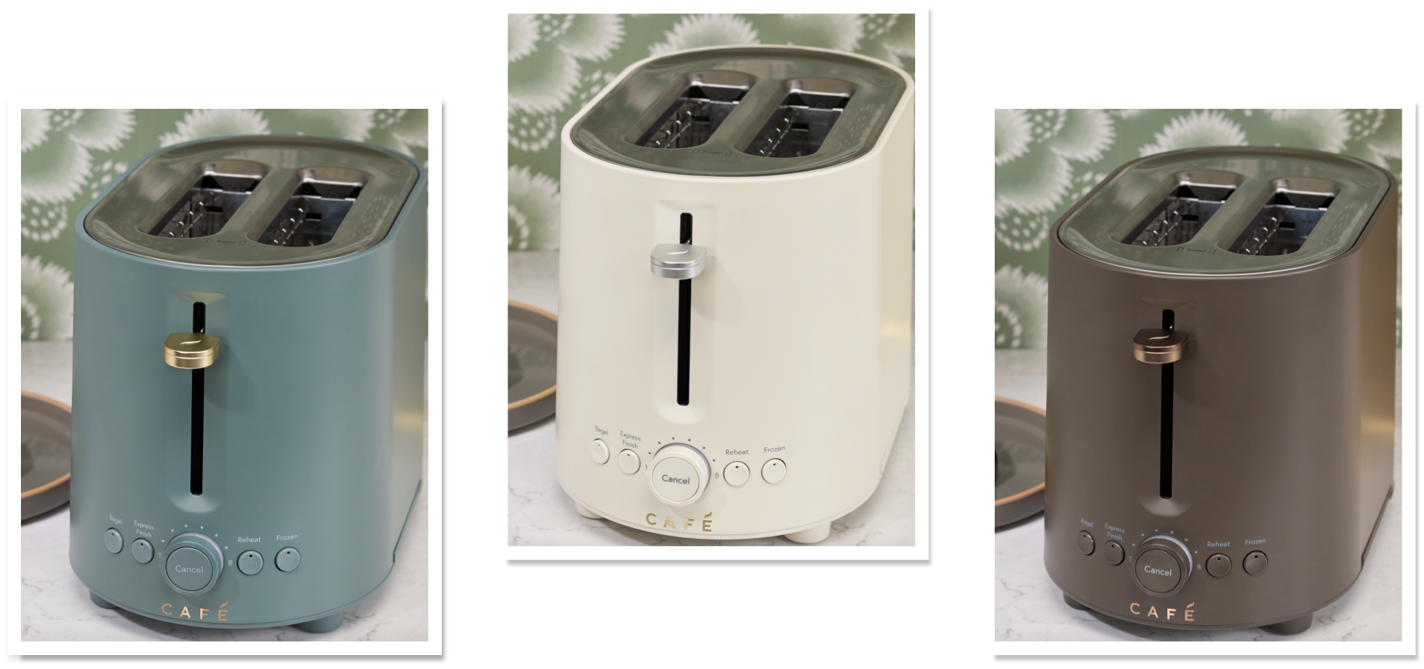Three toasters in different colors: teal, white, and brown.