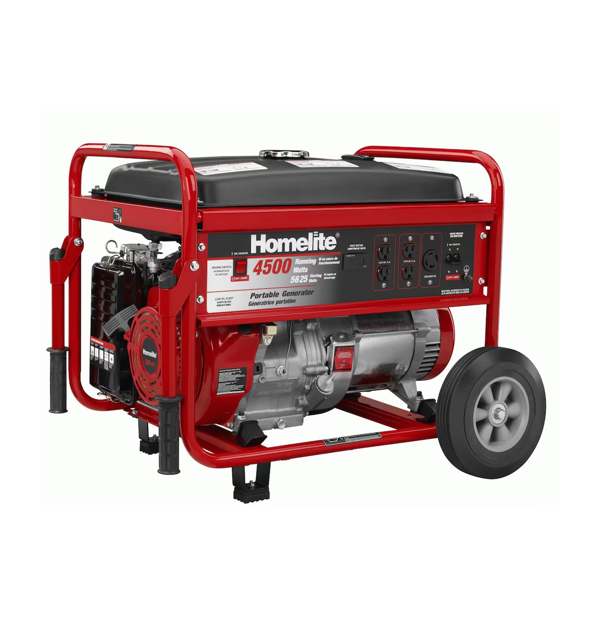 A red portable generator with wheels and a black top.