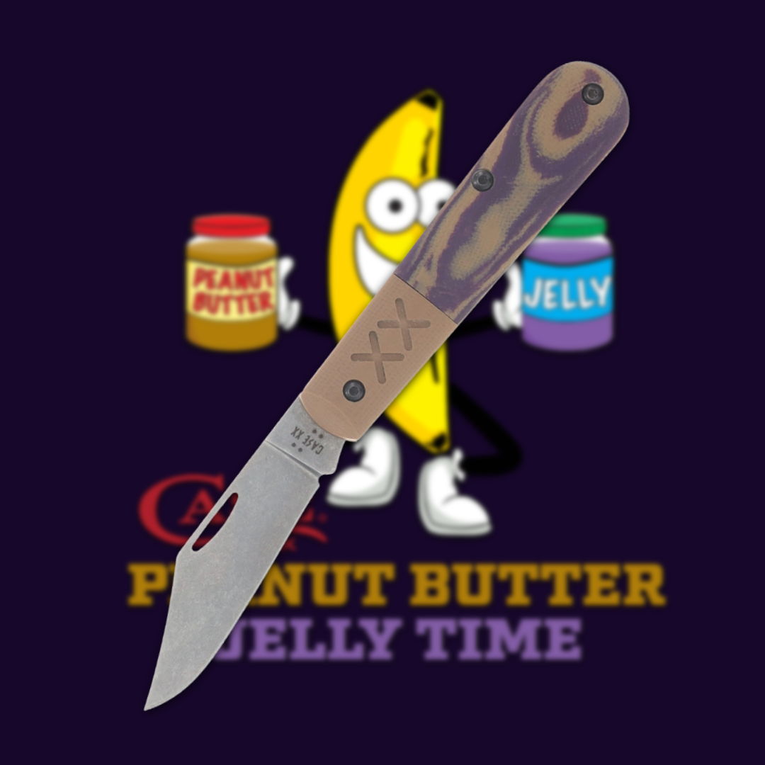 A knife in front of a peanut butter and jelly themed background.