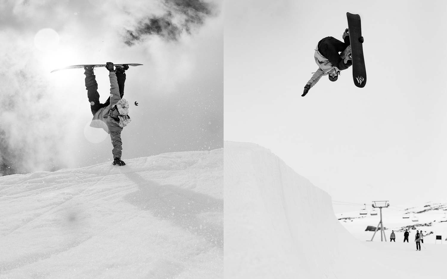 Two black and white snowboarding images showcasing tricks in mid-air.