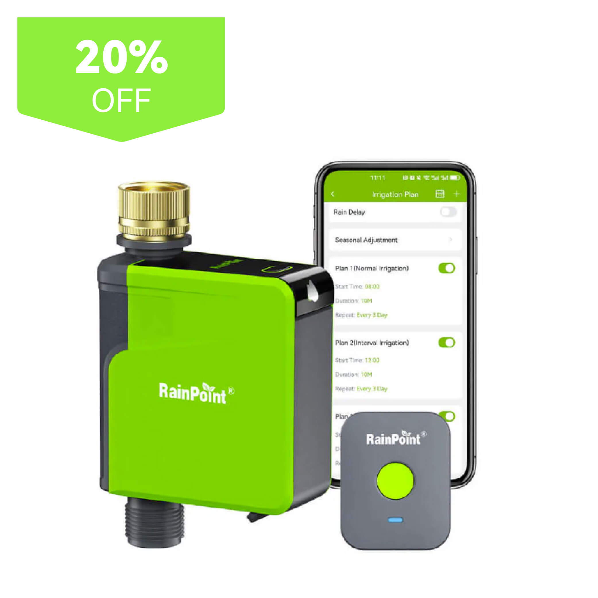 Smart irrigation device with smartphone app and promotional discount.