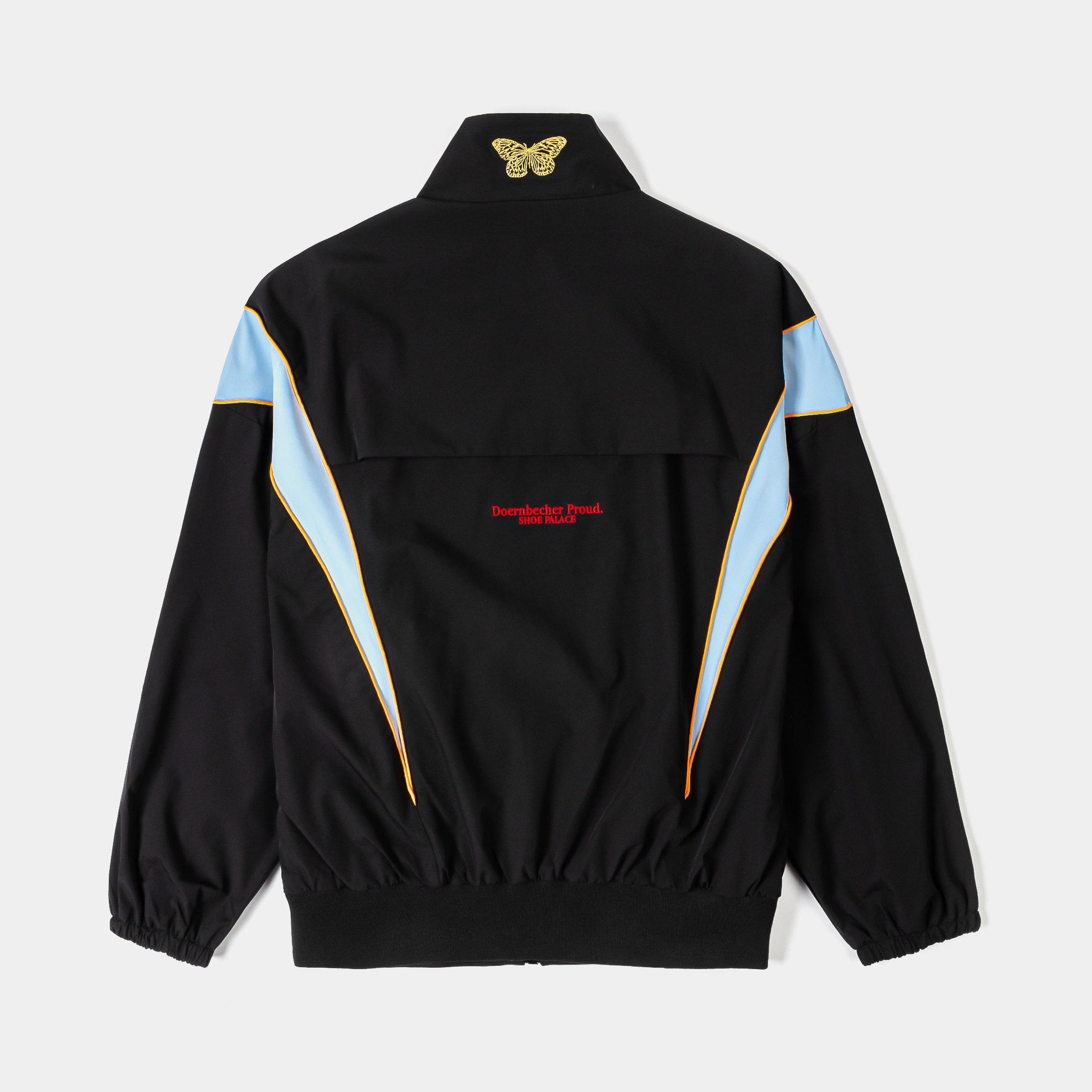 Black jacket with colorful accents and graphic designs on sleeves.