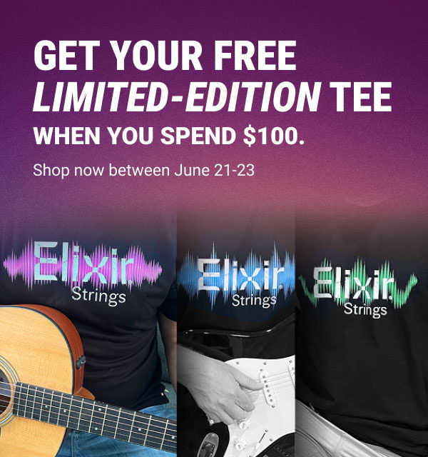 Promotional image for free limited-edition tee with purchase of Elixir Strings.