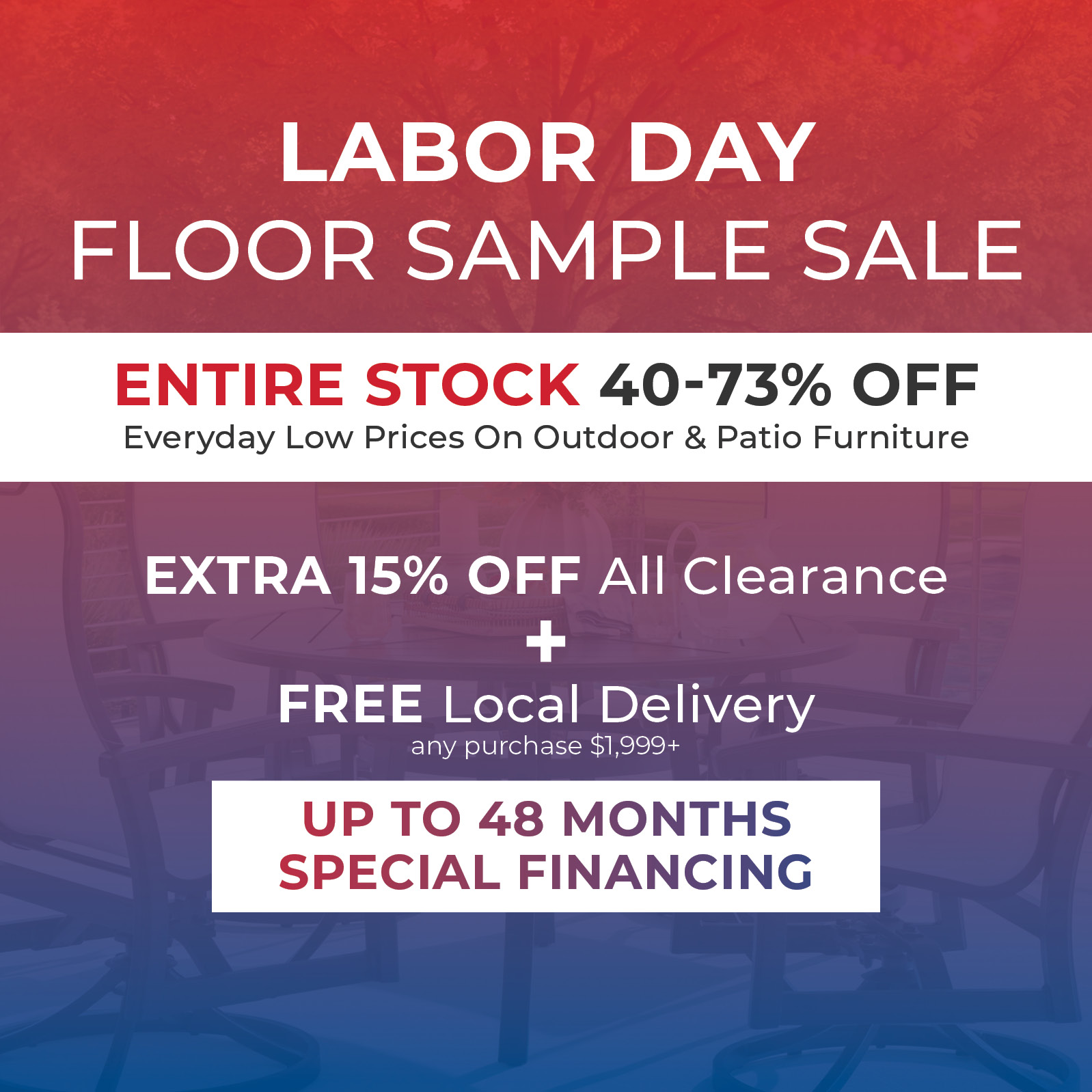 Labor Day sale on outdoor and patio furniture with discounts and financing options.