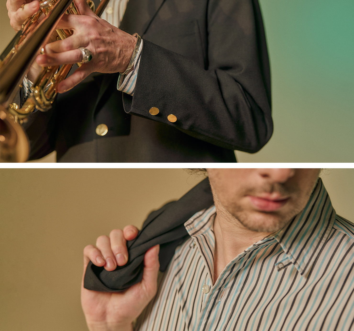 A person playing a saxophone and adjusting their jacket.