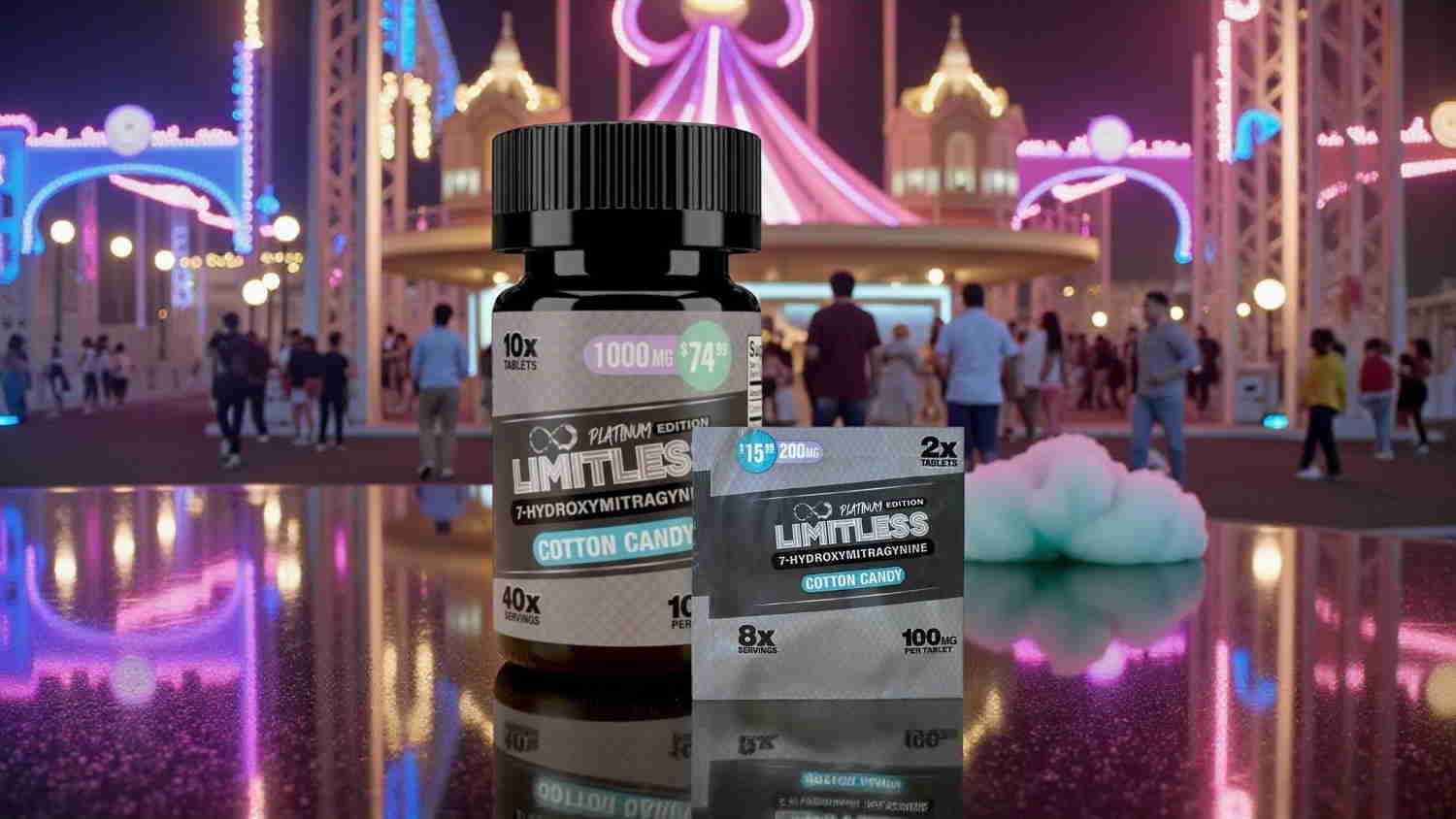 Product bottle in a vibrant carnival setting with people in the background.