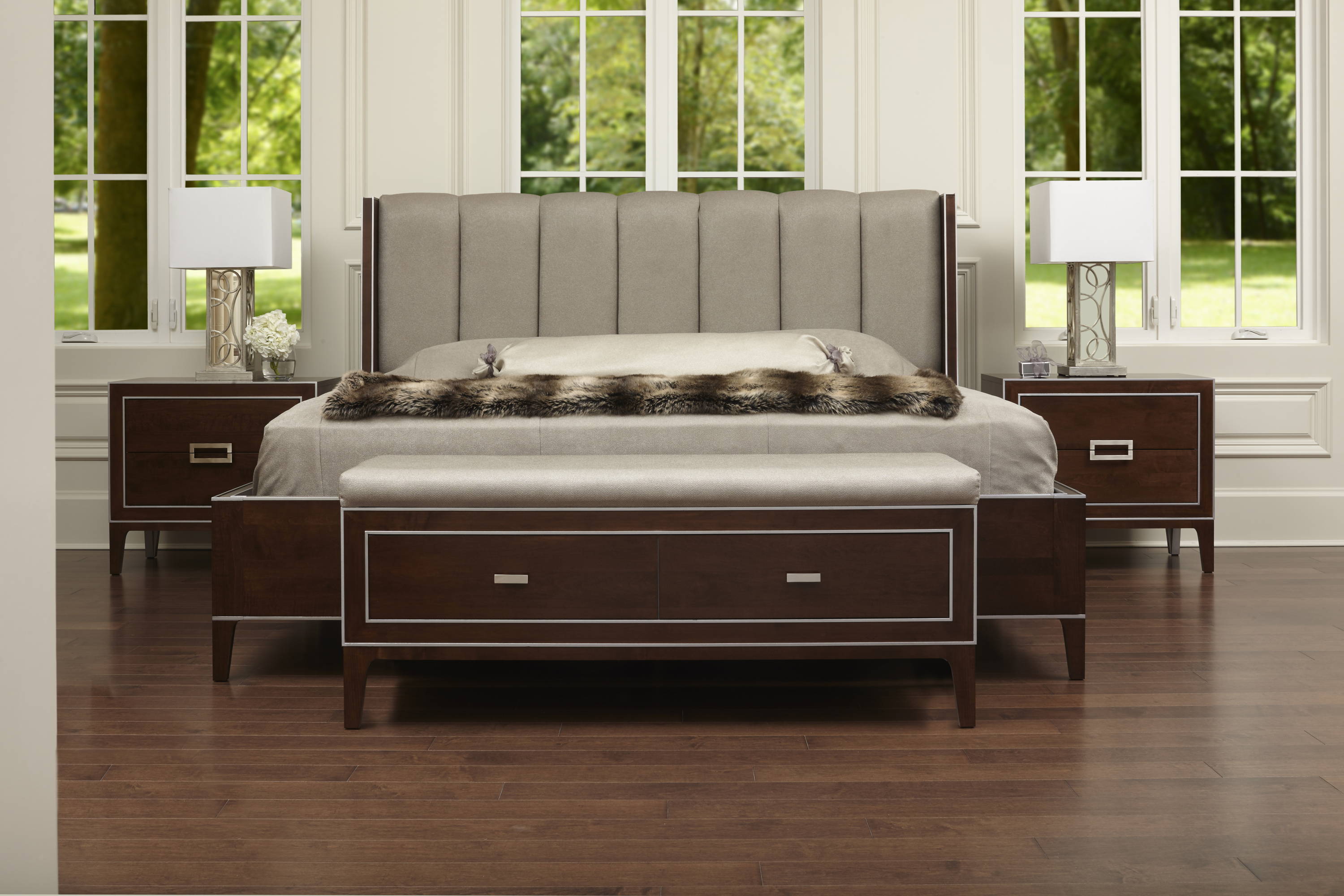 TH Solid Wood Luxe bedroom set with dark wood and upholstered headboard