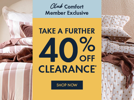 Promotional banner for 40% off clearance bedding items.