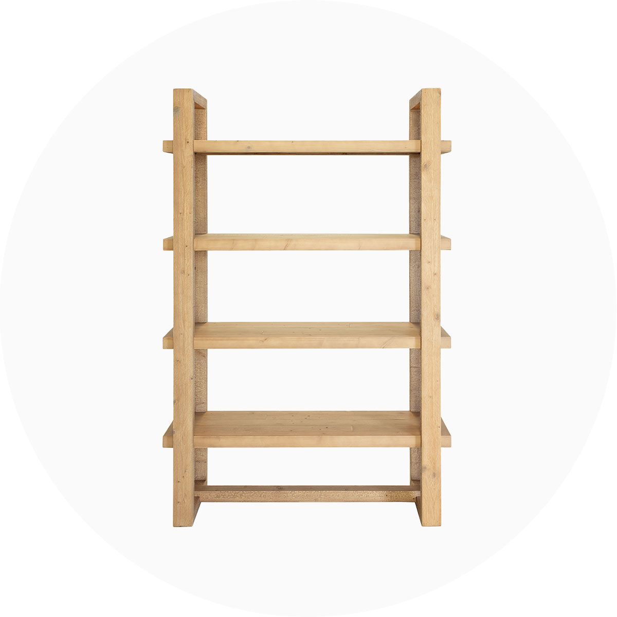 Wooden shelving unit with four shelves, minimalist design, on a white background.