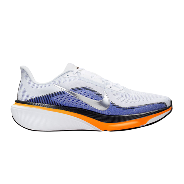 A sleek running shoe with a white, blue, and orange design.