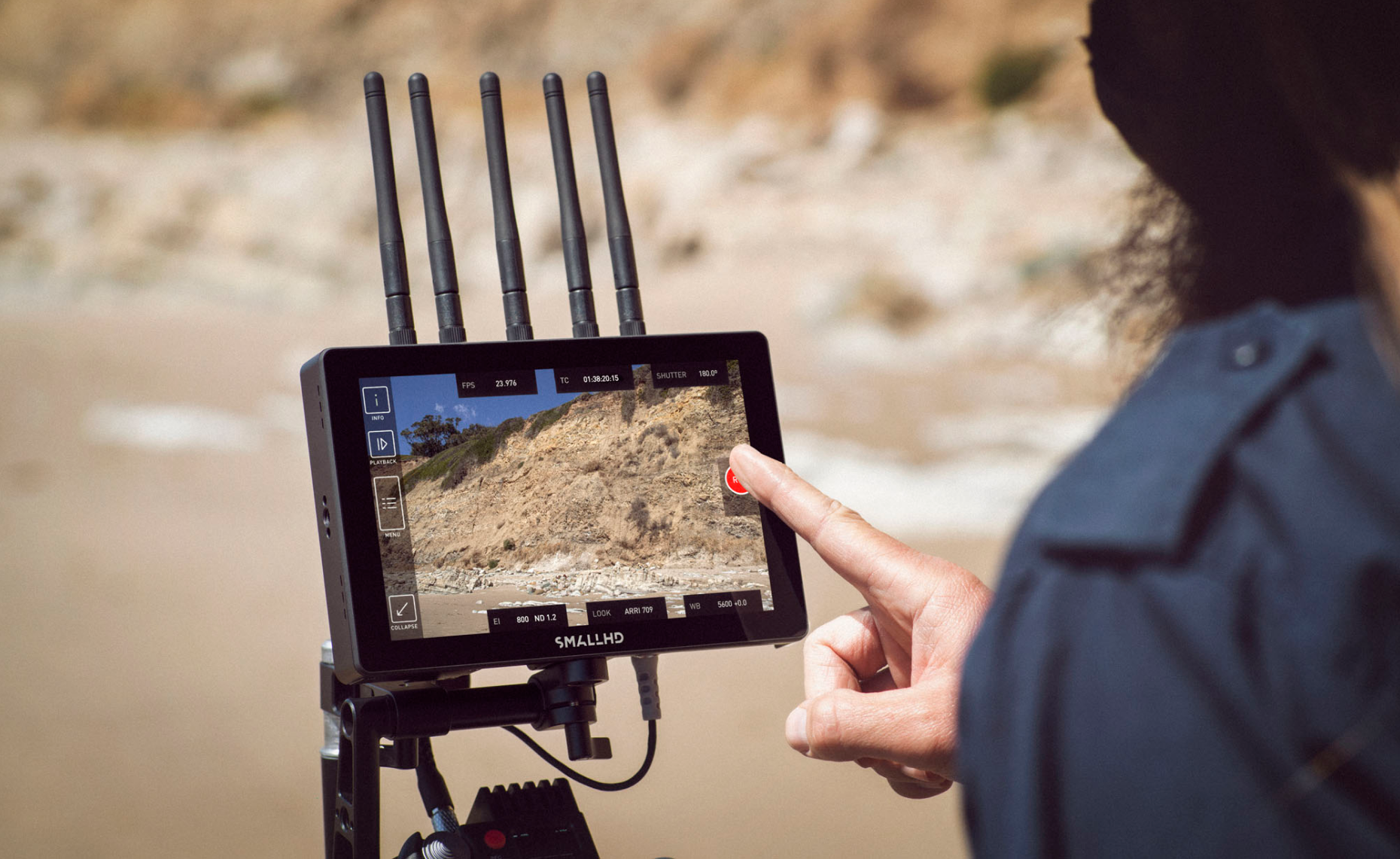 SmallHD monitor with Bolt 4K monitor module receiver featuring wireless camera control