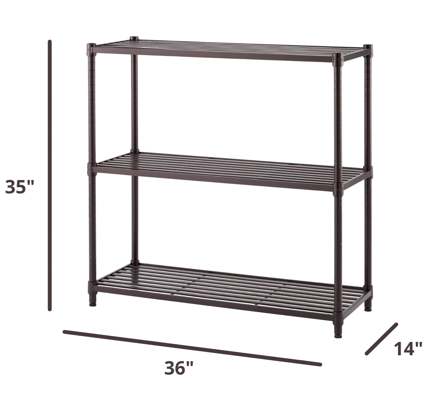 35 inches wide by 14 inches deep by 35 inches tall slat shelving rack with 3 shelves