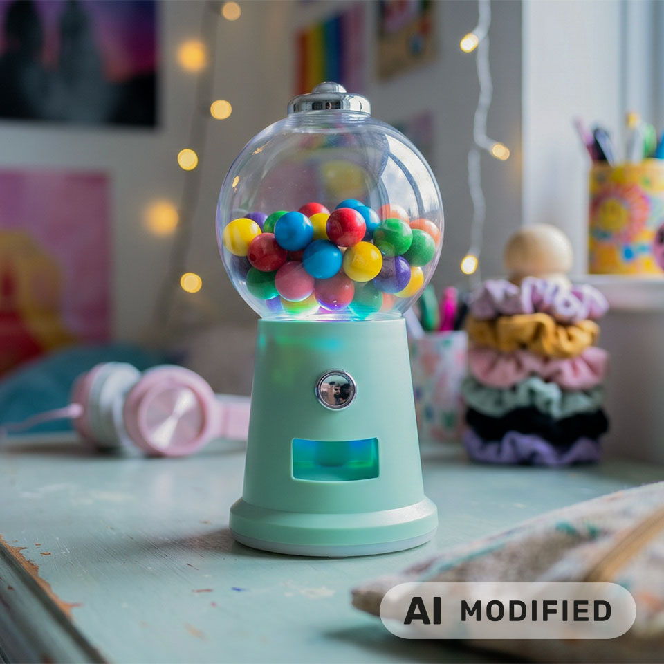 Machine à boules de gomme colorée sur un bureau avec décorations et accessoires.