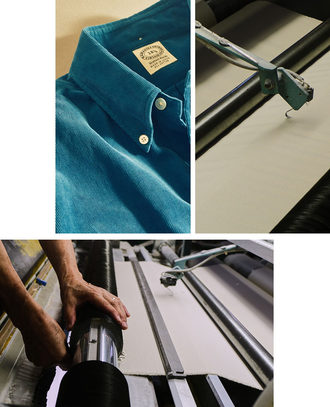 Collage of a shirt, fabric printing, and hands adjusting machinery.