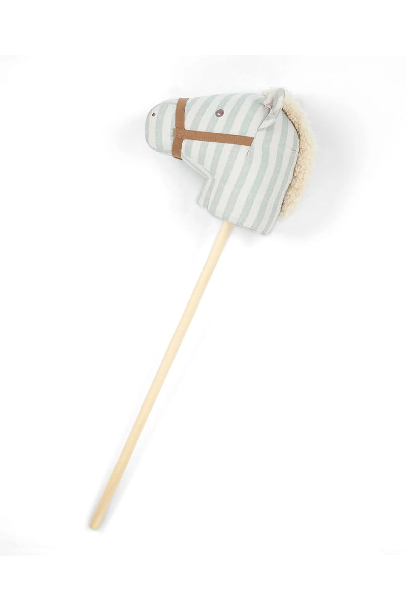 Toy horse on a stick with a striped fabric head.