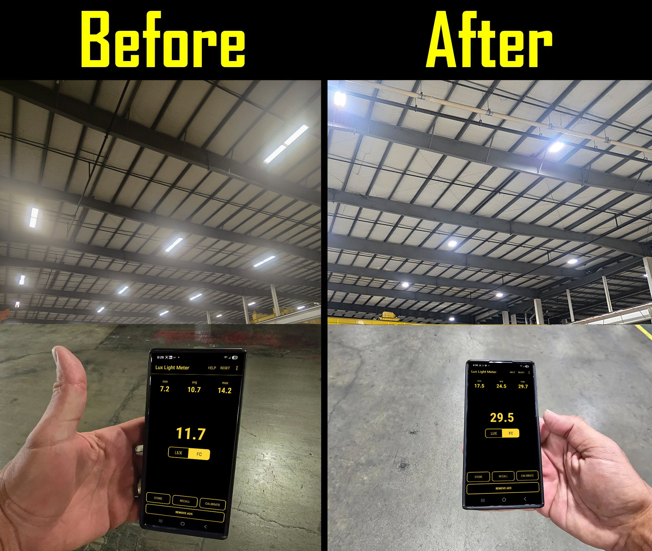 Comparison of lighting conditions before and after improvement, with measurement readings.