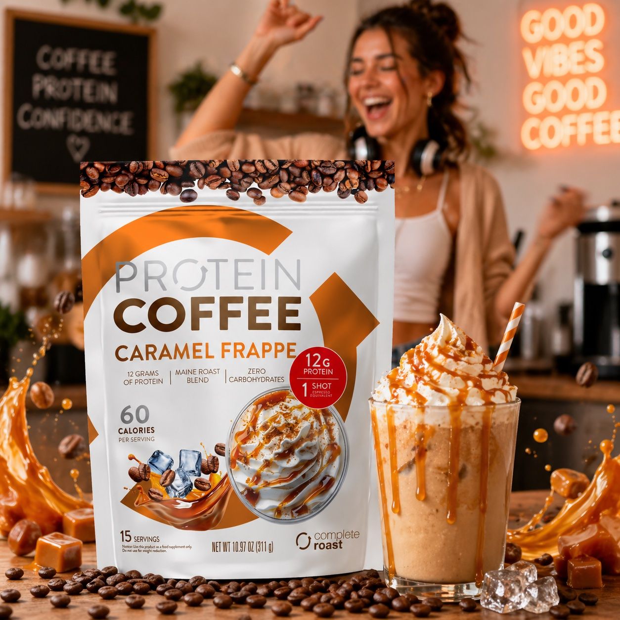 A joyful woman with protein coffee and a caramel frappé in a café.