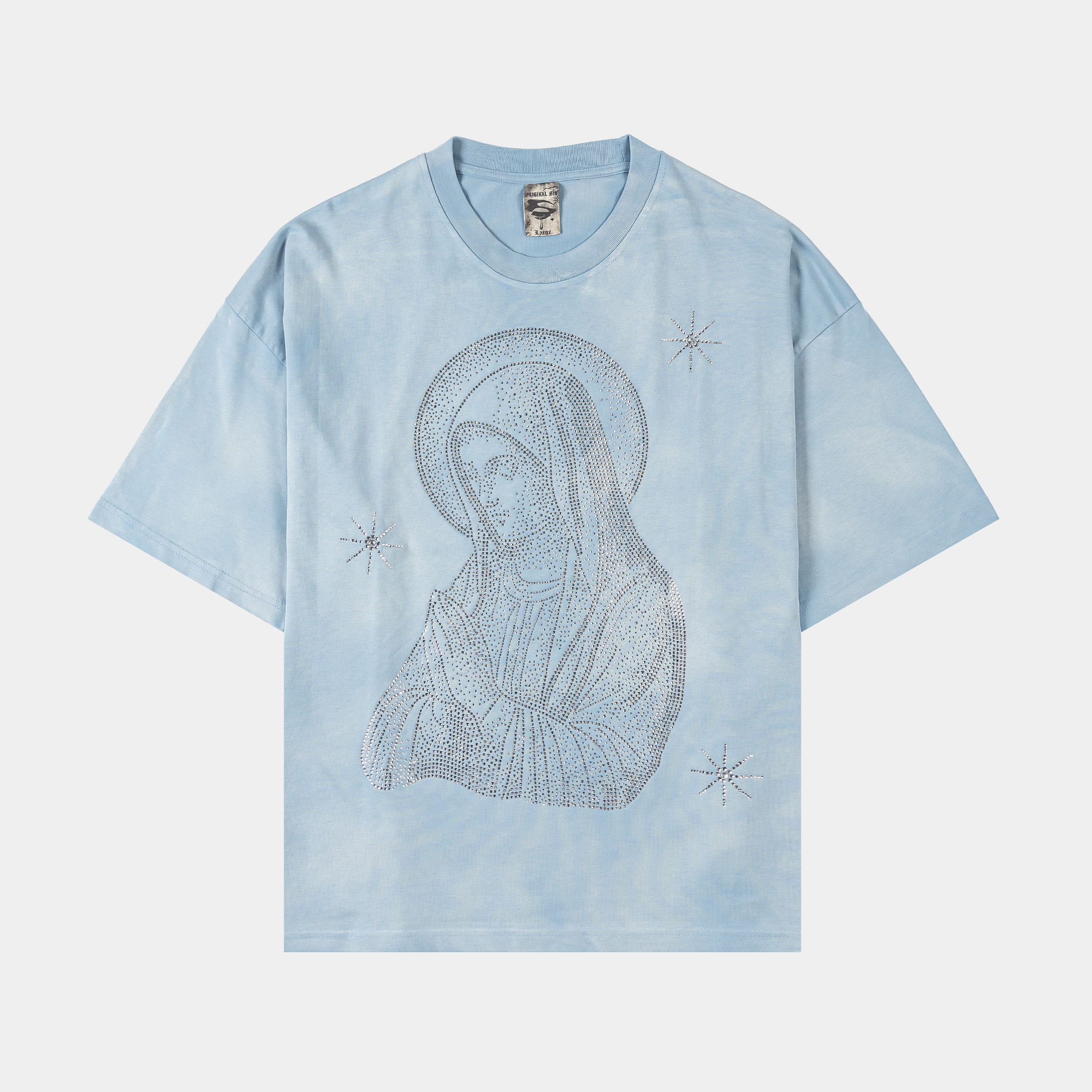 Light blue t-shirt featuring a graphic of the Virgin Mary.