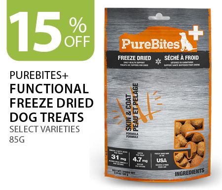15% off PureBites+ Functional Freeze Dried Dog Treats, select varieties 85g