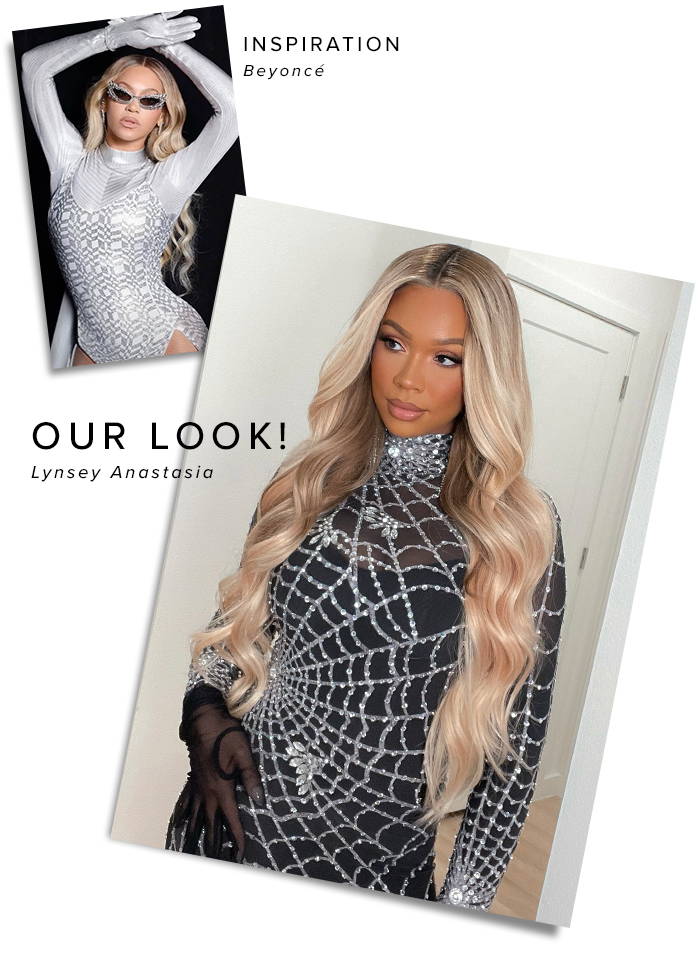 Side-by-side of Beyoncé in a silver web bodysuit and a person with blonde hair in a similar outfit.