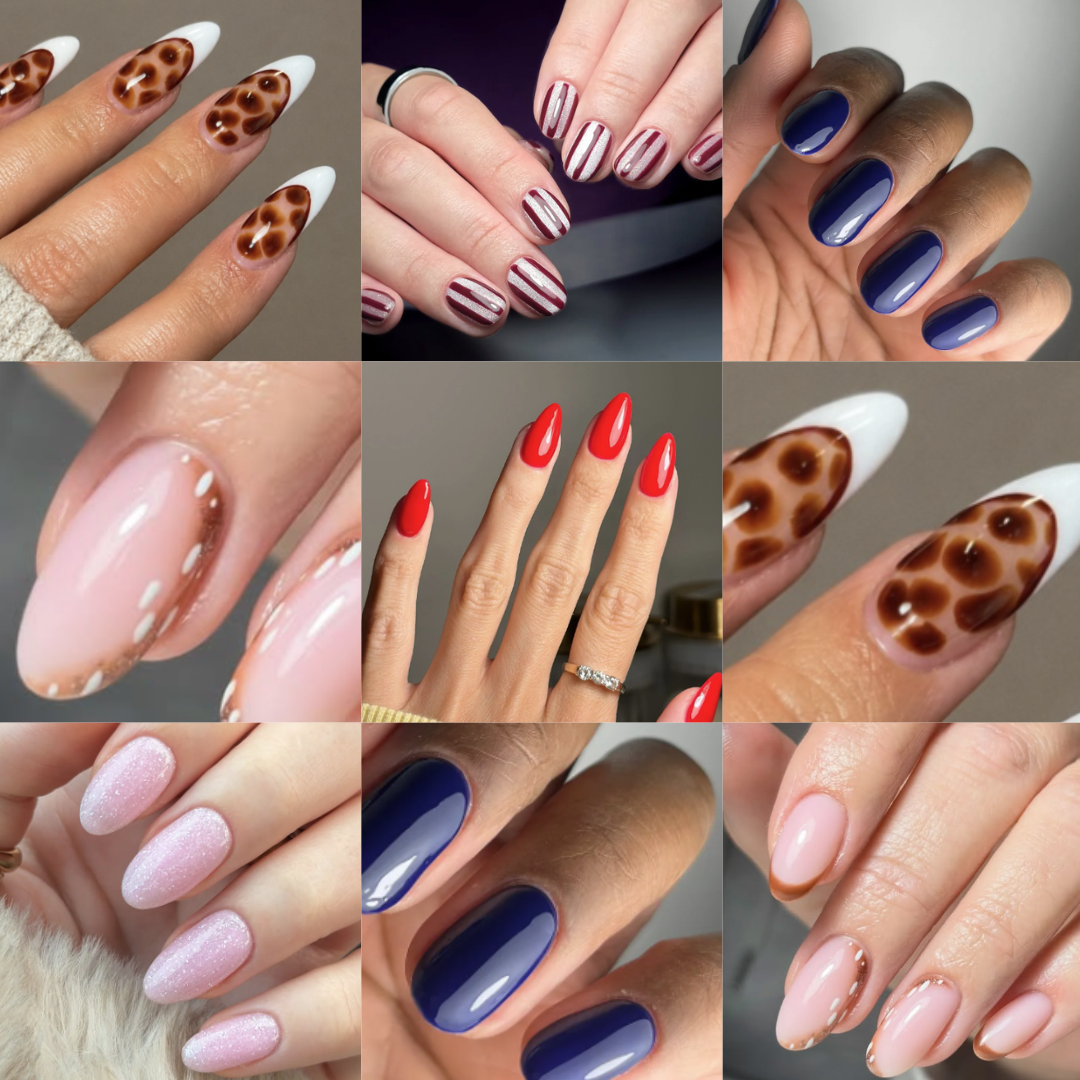A collage of various nail art designs and colors.