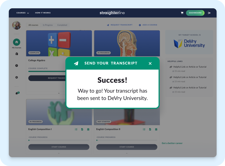 Success message for transcript submission to DeVry University.