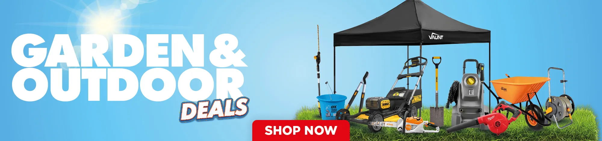 Garden and outdoor deals with various tools and equipment displayed under a tent.