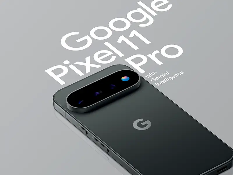 Google Pixel 11 Pro smartphone with camera and branding text.