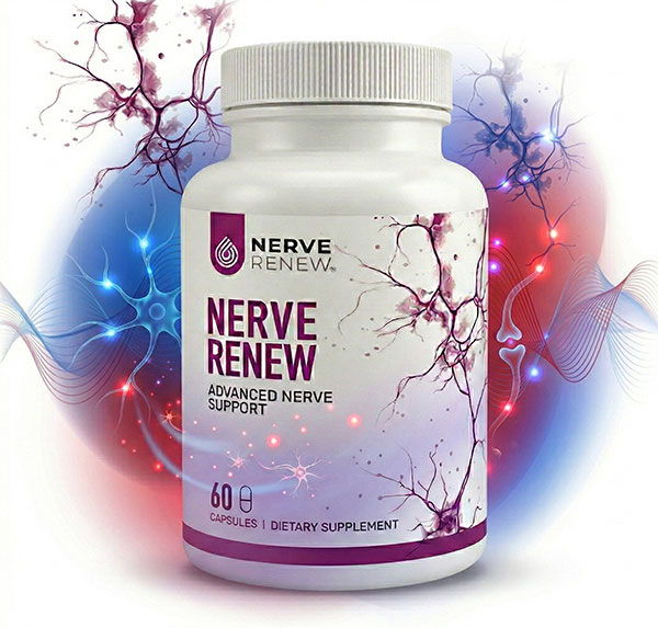 Bottle of Nerve Renew dietary supplement with a colorful neural background.