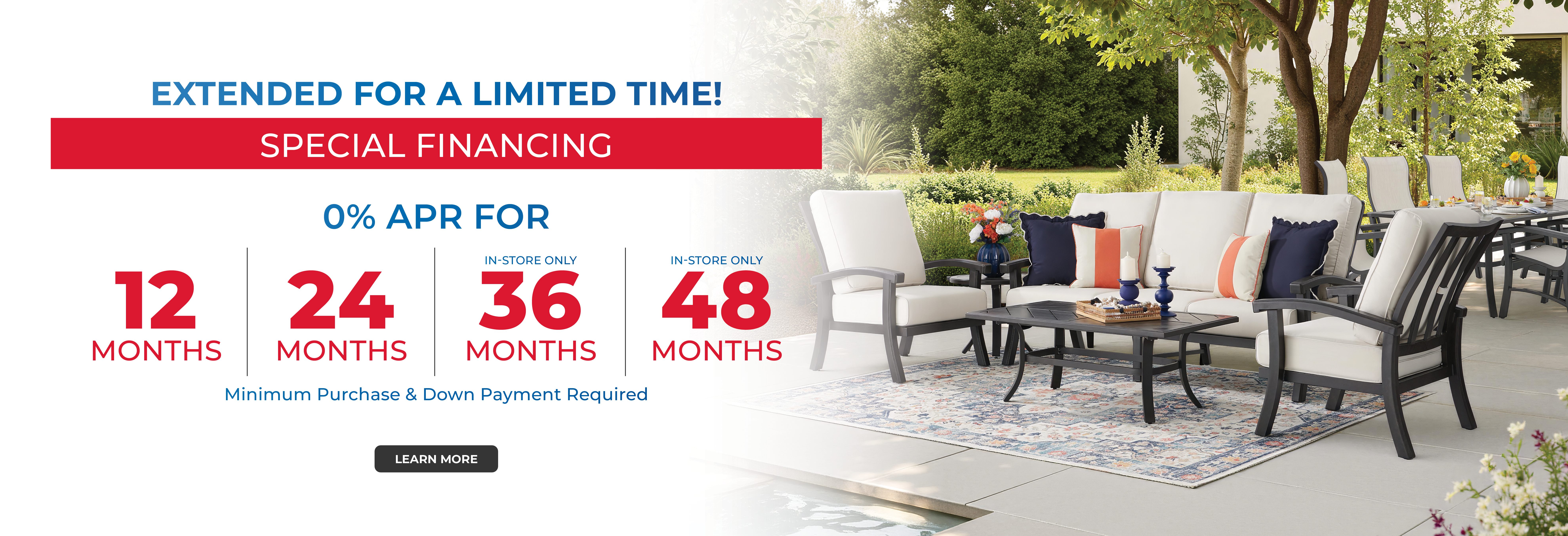 Outdoor furniture promotion with financing options for 12, 24, 36, and 48 months.