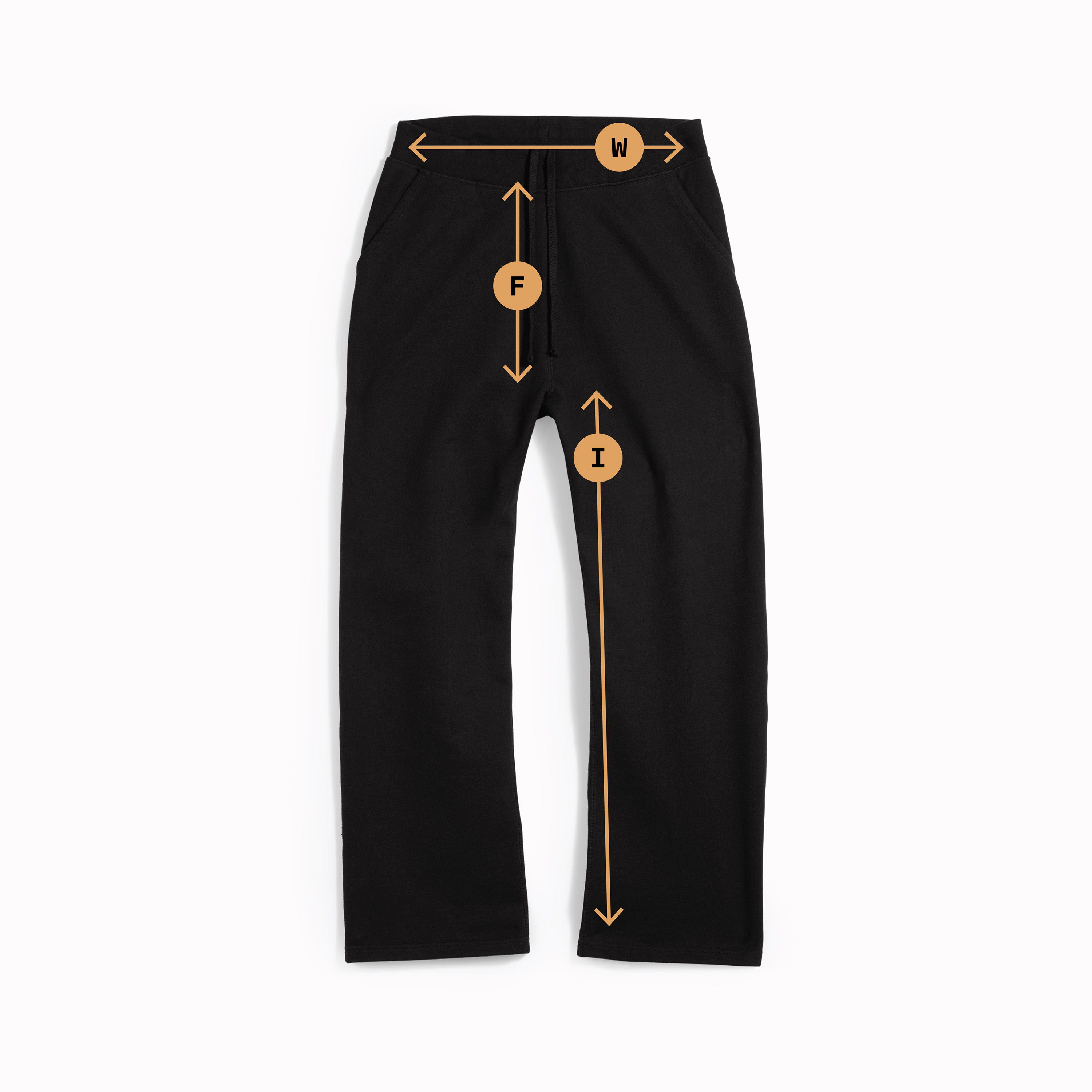 Black pants with measurement indicators for sizing.