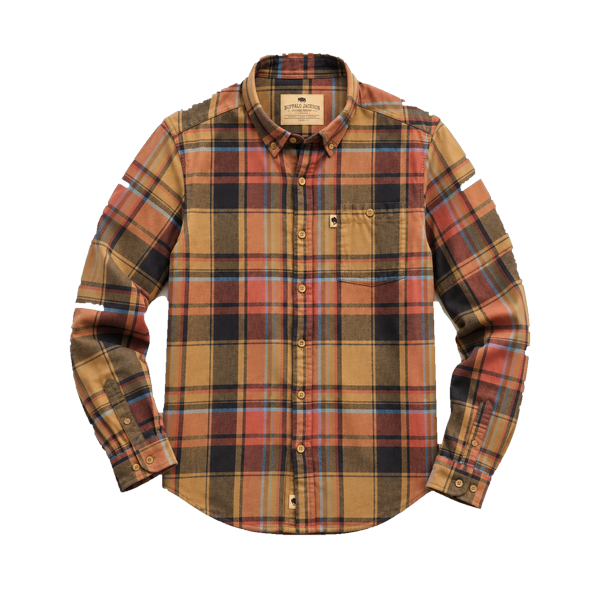 Tan and rust plaid flannel shirt with chest pocket and button-down collar