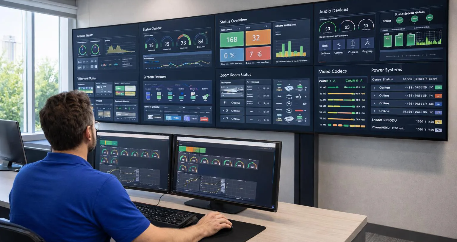 AVAILS managed AV operations tech looking at control command center for AVAILS AV Systems