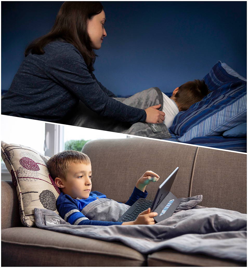 Two part image. Mom tucking child into bed with a Tuc Kids Warm weighted blanket. Boy relaxing on couch with a tablet under a Tuc Kids Cool weighted blanket.