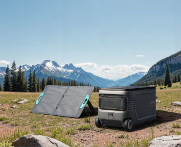 A solar panel setup next to a portable power station in a mountainous landscape.