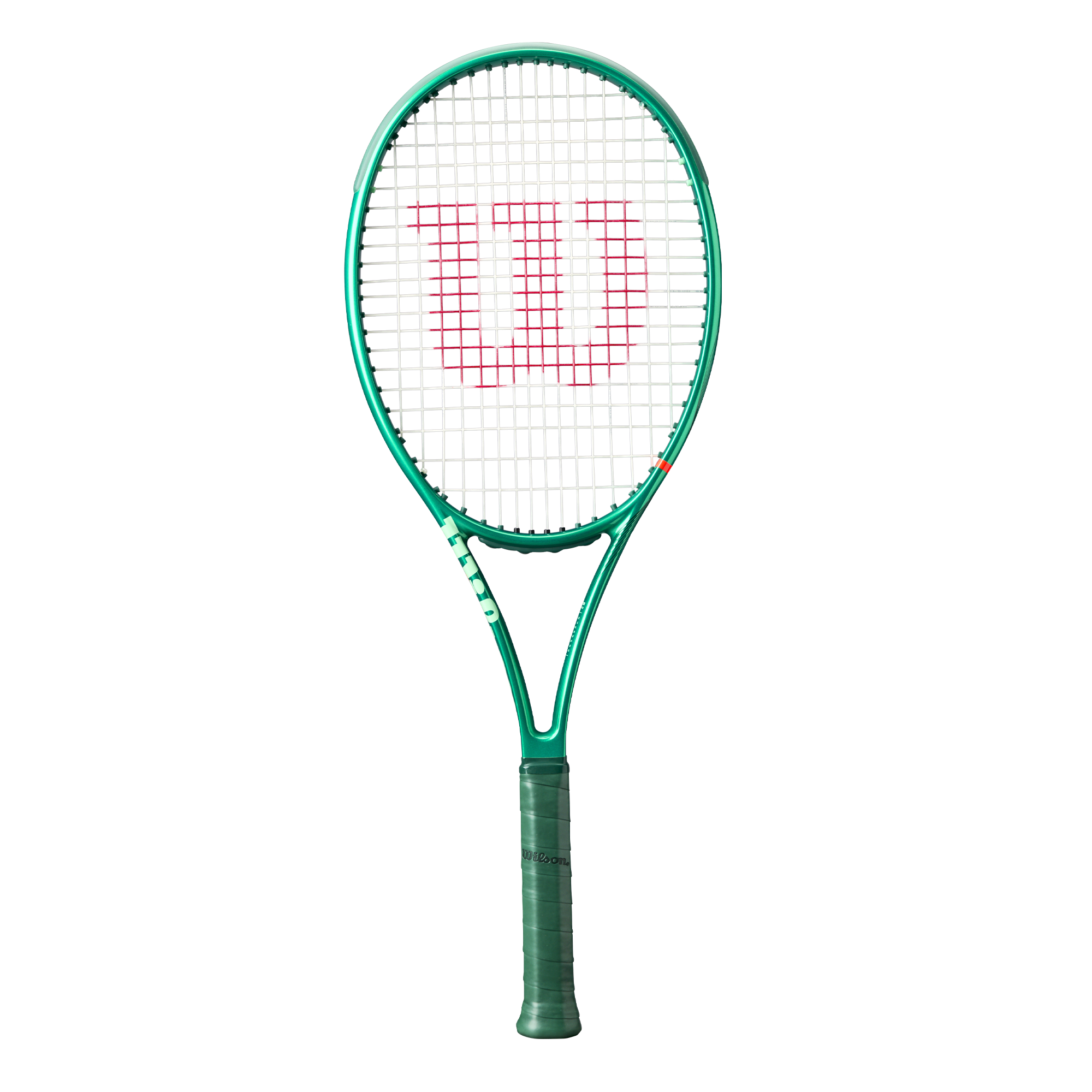 Green tennis racket with a red Wilson logo on the strings.
