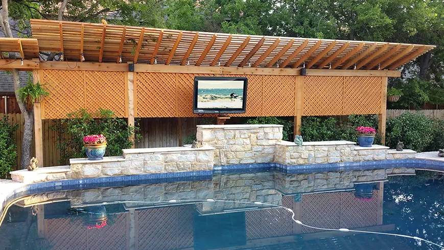 Residential outdoor TV enclosure and cabinet by pool