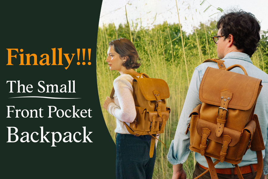 Two people outdoors wearing backpacks, with text promoting a small front pocket backpack.